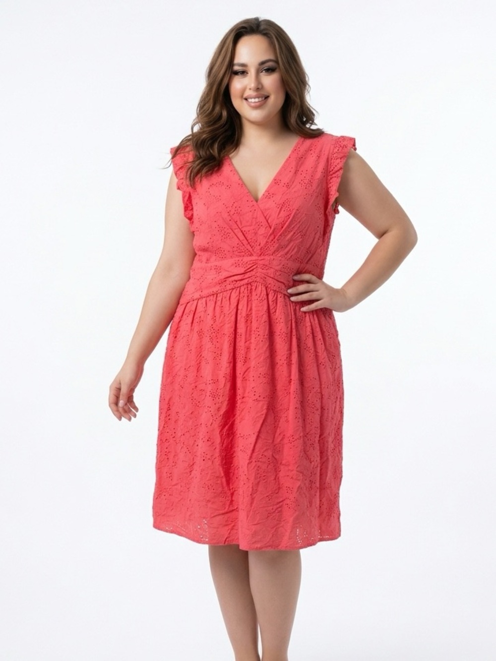 Maggy London Eyelet V-Neck Midi Dress in Coral size 14